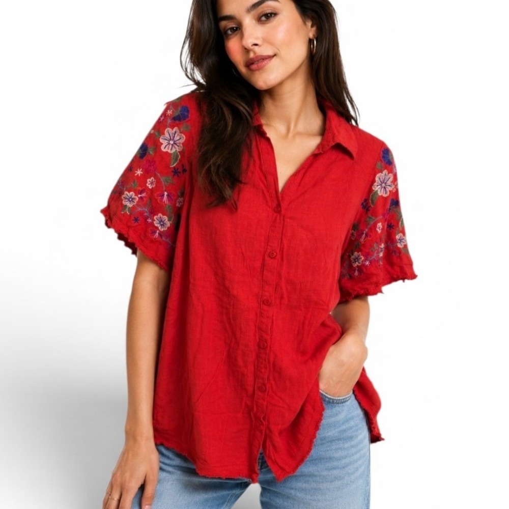 Umgee Womens Red Linen Blend Floral Embroidered Button Down Top  Small